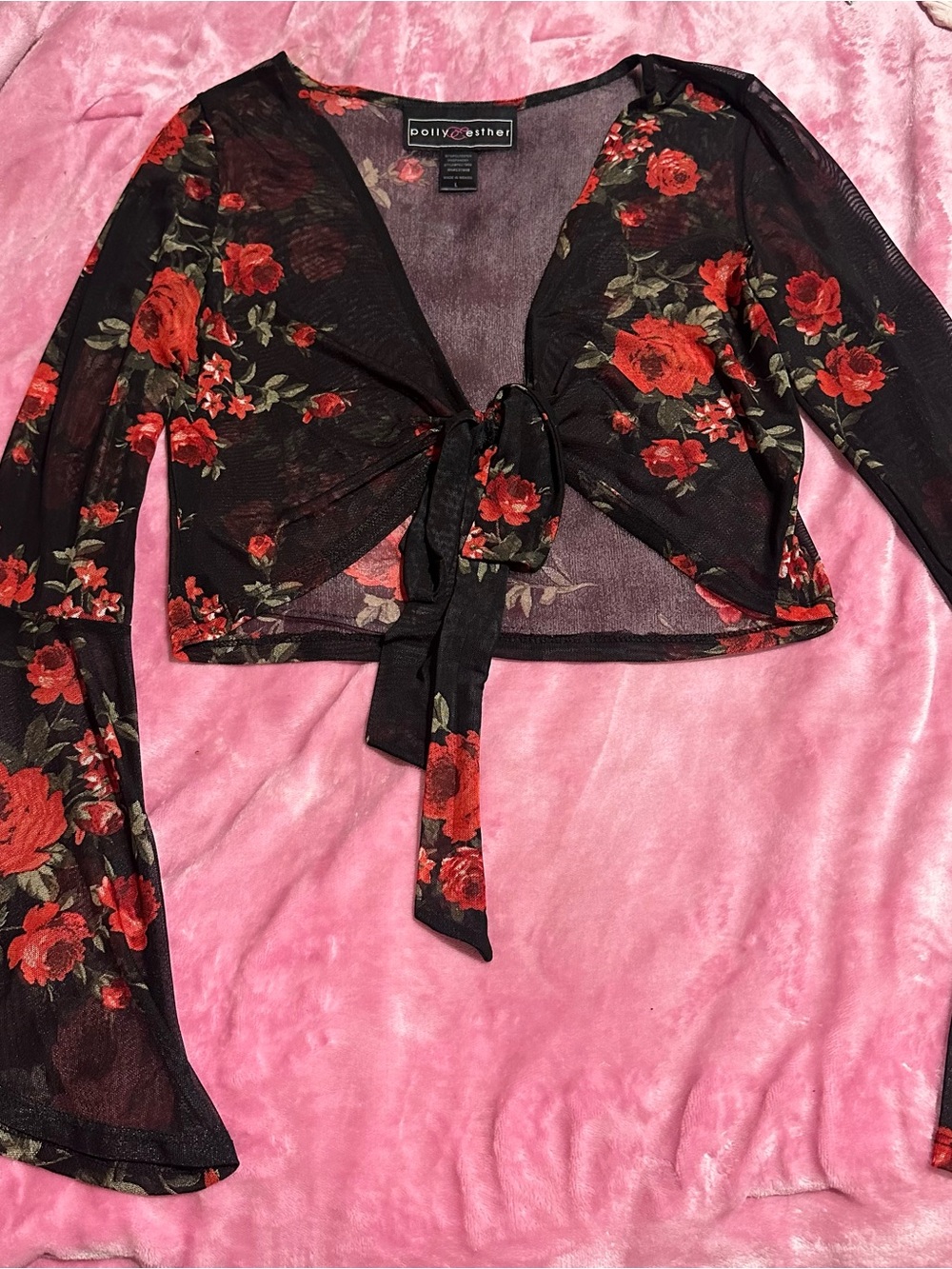Polly & Esther Black Sheer Floral Tie-Front Crop Top with Red Rose Print